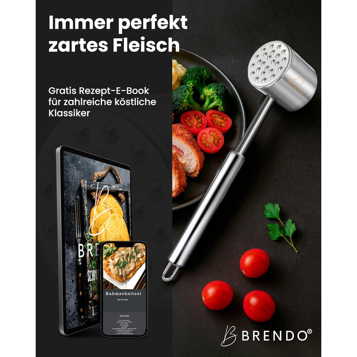 Преміум Fleischklopfer від Brendo: м'ясорубка з масивного нержавіючої сталі, двостороння, з плоскою та зубчастою поверхнею для будь-якого м'яса, + E-Book рецептів, придатна для миття в посудомийній машині, шніцельниця