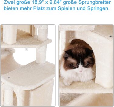 Великий котячий будиночок Hey-brother Kratzbaum XXL, 180 см, стабільний з сизалевим мотузком, велике дряпальний борд, кошик, 3 платформи та 2 будиночки (Бежевий)