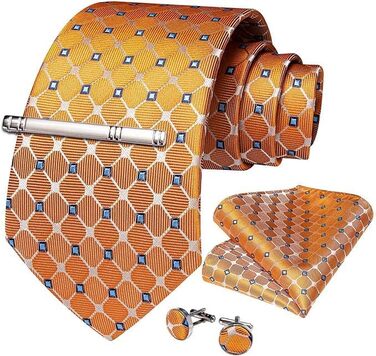 Набір краваток чоловічий DiBanGu з шовковими смугами та клітинкою, з кишеньковим хустинкою, затискачем та краватковою кліпсою для весілля та офіційних заходів (яскраво-помаранчевий)