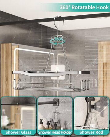 HapiRm Shower Shelf to Hang with Razor Holder & Soap Holder - Hanging Shower Shelf with Multiple Hooks - High-Quality Hanging Shower Shelf Stainless Steel No Drilling-Silver