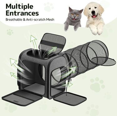 Рюкзак-переноска для котів Pawtners з розширеним тунелем для ігор, дозволений авіакомпаніями, для маленьких собак та великих котів до 11,3 кг, сірий, розмір L 40 x 32 x 38 см