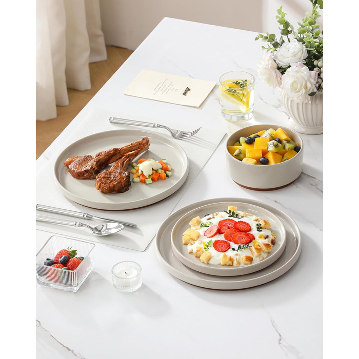 MALACASA Набір посуду з каменю 18 предметів для 6 осіб, керамічний сервіз з глазур'ю Сезам, набір тарілок та мисок, білий з коричневою основою, білий