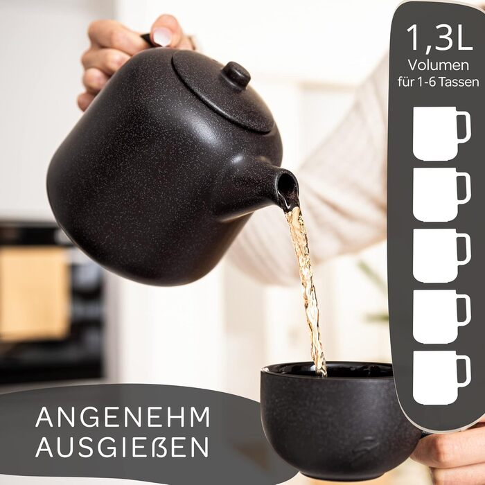 STEINZEIT Design Teapot (1.3L) with 304 Stainless Steel Infuser - Ceramic Teapot with Unique Glaze with Removable Strainer - Black