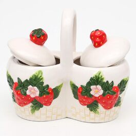 Dolomite sugar bowl with strawberry relief, size approximately 16.5 x 9.7 x 14 cm, 14