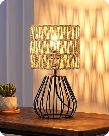 EDISHINE Настільна лампа, сучасний індустріальний дизайн, цоколь E14, вінтажний стиль, для спальні, вітальні, бежево-чорний колір (ротанг + чорний)