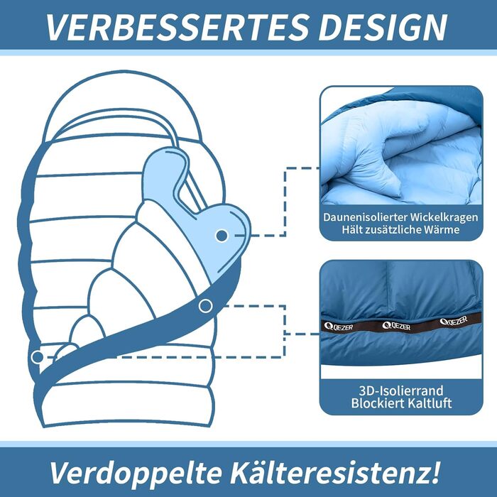 Спальний мішок для дорослих та дітей, легкий зимовий, Outdoor 8°C ~ -30°C для кемпінгу та альпінізму з 650 FP гусячим пухом (Блакитний, 1000г пуху)