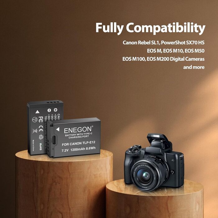 Акумулятори ENEGON LP-E12 1200mAh для Canon EOS M50, M50 Mark II, M, M2, M10, M100, M200, Rebel SL1, 100D, Kiss X7, PowerShot SX70 HS