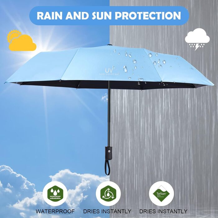 Візон: Стійкий до вітру парасолька-тростина з автоматичним відкриванням, 210T тефлонове покриття, легкий, для чоловіків та жінок (Небесно-блакитний)