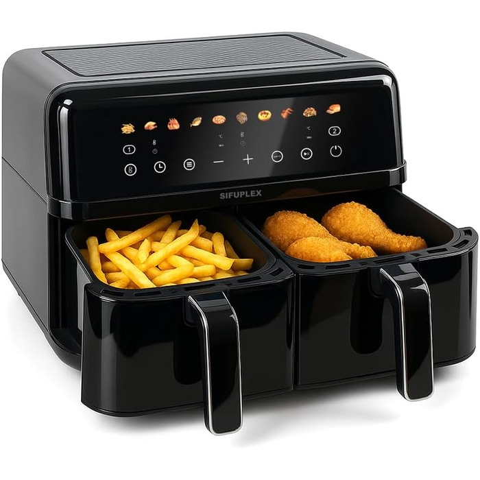 Фритюрниця Sifuplex ASF90 Duo 9L з подвійними кошиками (2 x 4.5L), 10 програм, Rapid-Air, сенсорний екран, 90% менше жиру, для смаження, випікання, розморожування