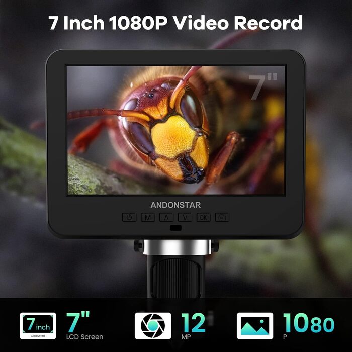 Цифровий мікроскоп Andonstar AD246S-M з 7-дюймовим екраном, 2000x, 3 об'єктиви, 2160P UHD відеозапис, 32GB карта пам'яті