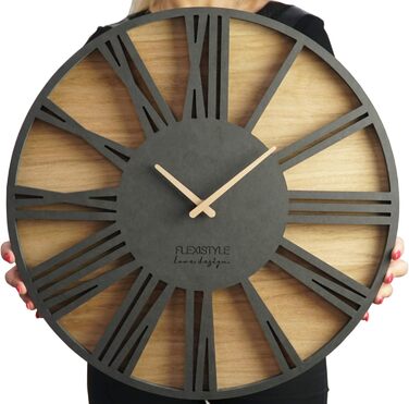 FLEXISTYLE Large Wall Clock Without Ticking Sounds, Wood Art Black, Living Room, Bedroom, Made in EU, z216-2 (50cm)