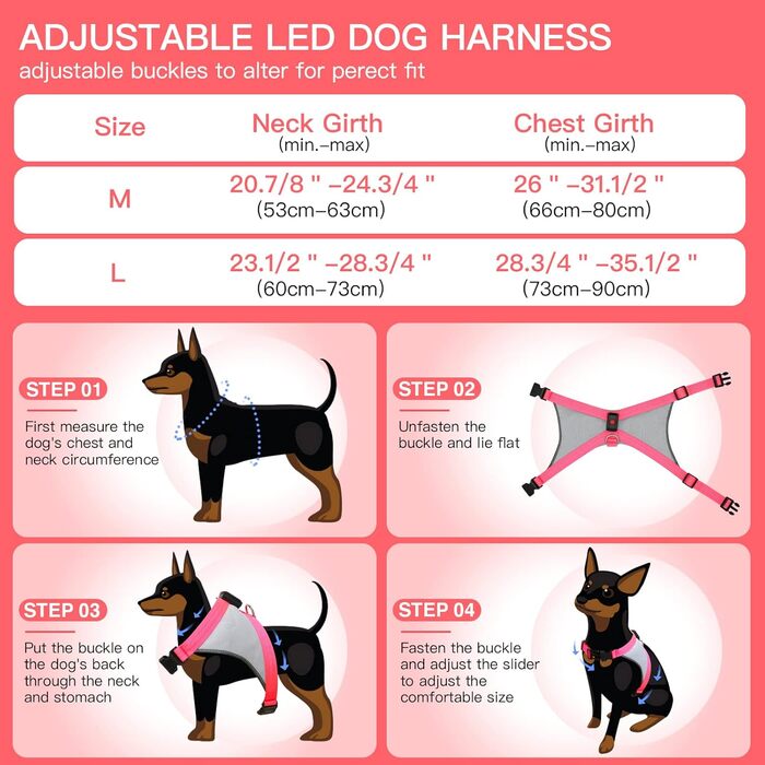 Шлейка для собак Chakit ED з світловідбиваючими елементами, світлодіодна, для собак з особливими потребами, рожева