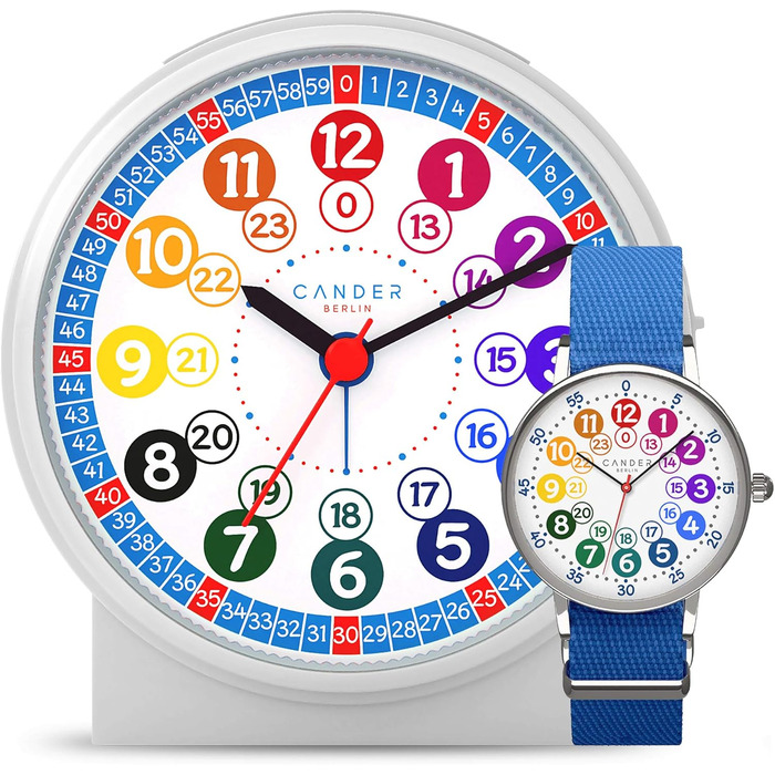 Cander Berlin MNU 1009 Silent Kinderwecker (children's alarm clock) and MNA 1030 J blue wristwatch, learning clock silent children's clock light snooze table clock alarm clock children lighting quiet snooze girls boys
