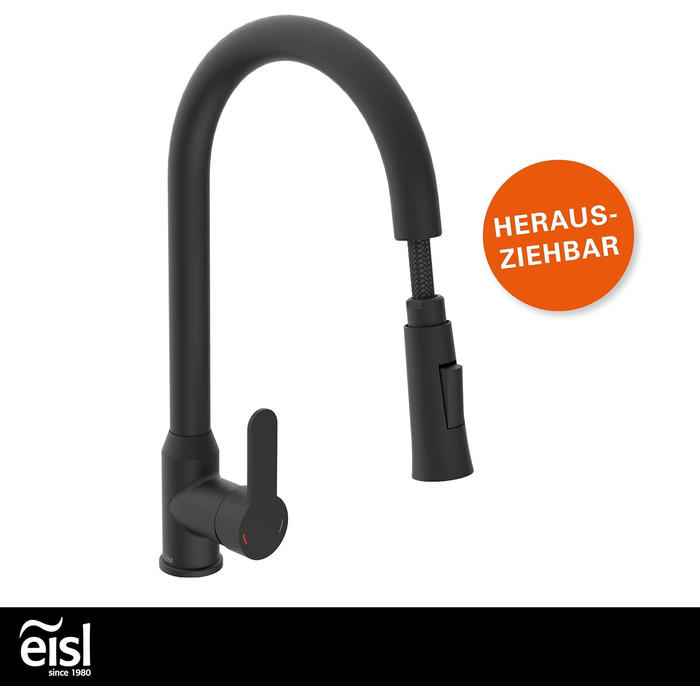 Кран кухонний гнучкий EISL Flexo з нержавіючої сталі/чорний, 360° обертання, високий вилив, Soft-Touch шланг, 2 функції, NI186FLNIB