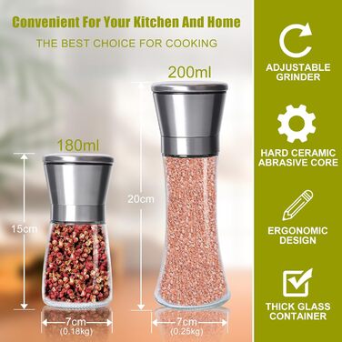 Набір меланець для солі та перцю (2 шт.) з регульованим керамічним млинком, 180 мл. Меланець для перцю, солі та чилі, ручний, для різних спецій.