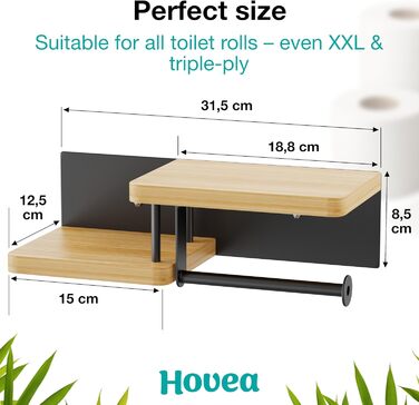Тримач туалетного паперу Hovea з 2 полицями - настінний, без свердління, метал та дерево, чорний & бамбук