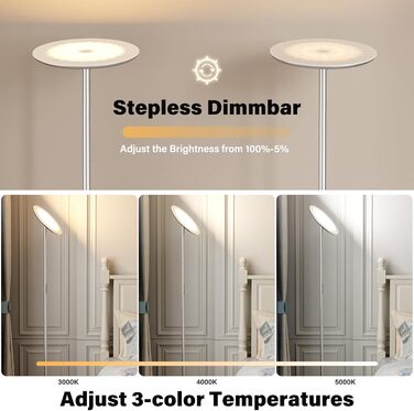 LED-стельова лампа PreeOtti для вітальні, диммування, 36W, з пультом та сенсором, 3 колірні температури (чорний/сріблястий)