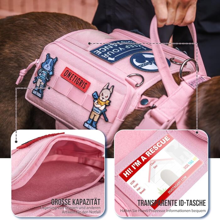 Нашийник для собак OneTigris Guardian з міцною металевою фурнітурою та великою кишенею, рожевий, M