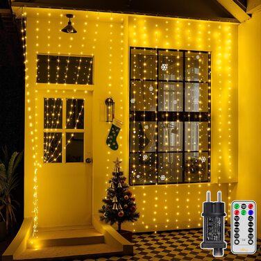 Льодосвітна штора Ollny для декорування фасаду 3x3м, 300 LED, 8 режимів, IP67, пульт, таймер, димування, для декору на Різдво, двері, стіни, вечірки, вікна, балкон (тепле біле світло)