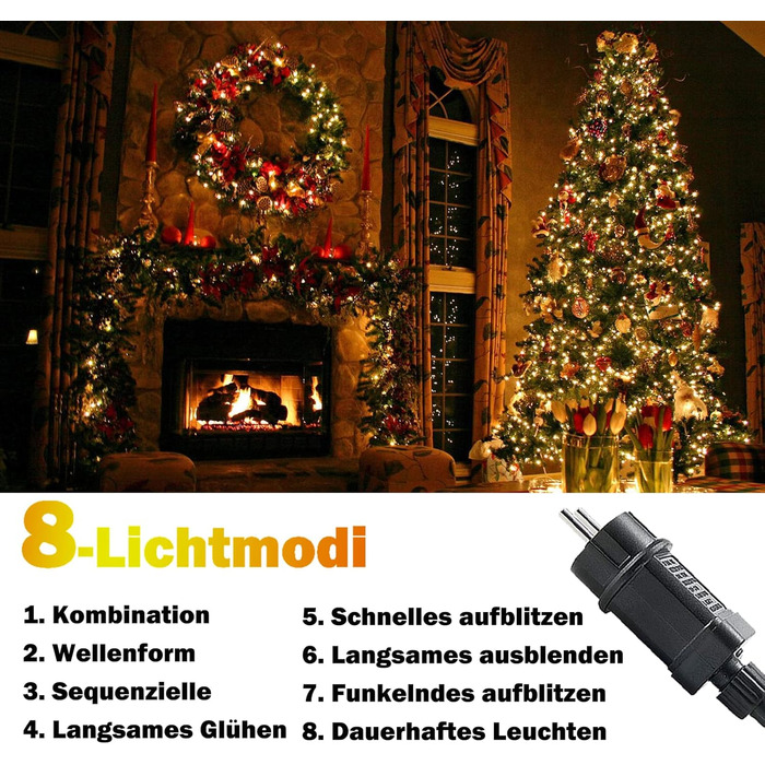 LED гірлянда для дому та саду 20м, 200 LED, таймер, 8 режимів, IP44, тепле світло, для декору на Різдво, вечірку, весілля, Хелловін