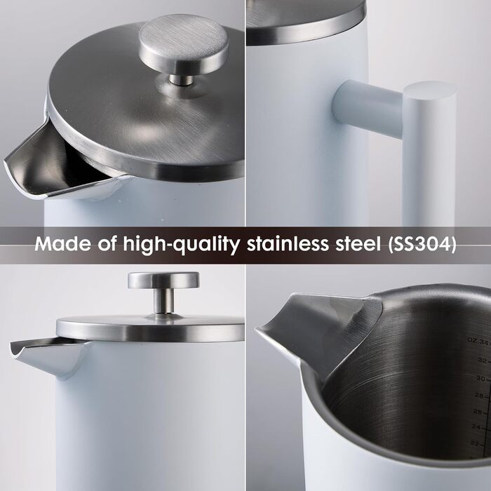 Набір для приготування кави френч-прес, 1 літр, нержавіюча сталь (матова біла)