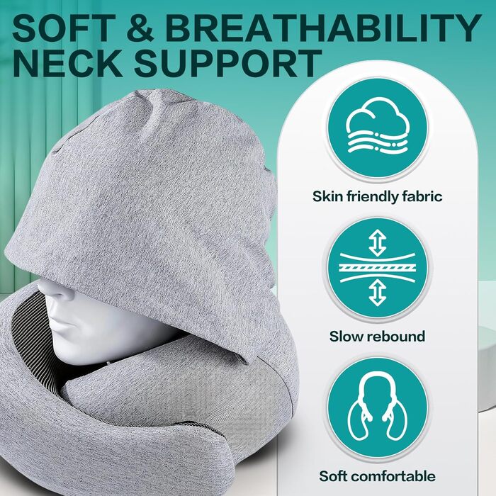 Подушка для шиї в літак/автомобіль/потяг: регульована подушка з Memory Foam, капюшоном, маскою для сну та чохлом. Підтримка голови та шиї для комфортної подорожі.