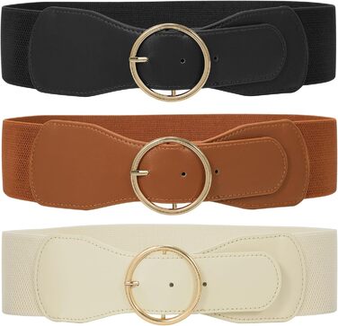 Еластичний пояс для жінок WERFORU 3 шт. Широкий ремінь для сукні, чорний+коричневий+бежевий, розмір M (73-82 см)