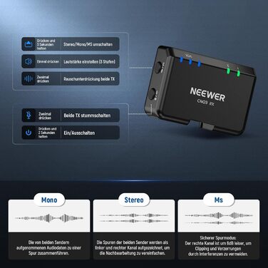 NEEWER CM29 Мініатюрний бездротовий мікрофон-петличка, 48kHz/24Bit з шумозаглушенням, 25 годин роботи, 150м радіус дії, сумісний з iPhone, iPad, Android, DJI, Insta360, ПК, Mac (1RX+2TX+зарядний кейс)