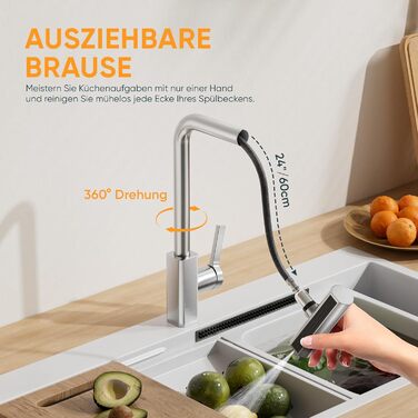 Кухонний змішувач BESy з 3 режимами струменя, висувна лійка, водоспад, поворотний на 360°, для високого тиску, з нержавіючої сталі SUS304, щіткова обробка