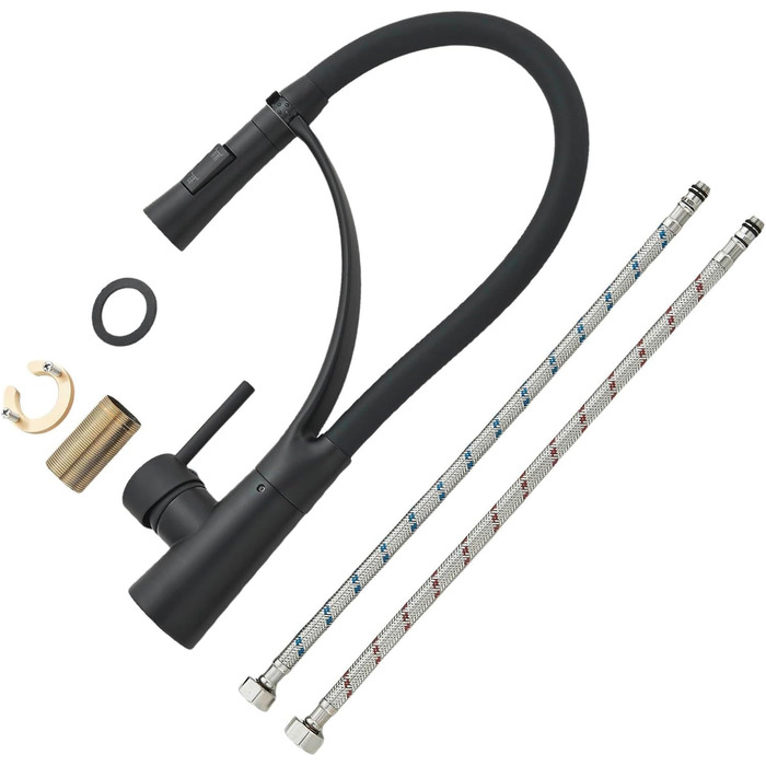 Кухонний змішувач з двома виливами, поворотний 360°, з висувною лійкою, з спіральною пружиною, для мийки, чорний, з матовою обробкою