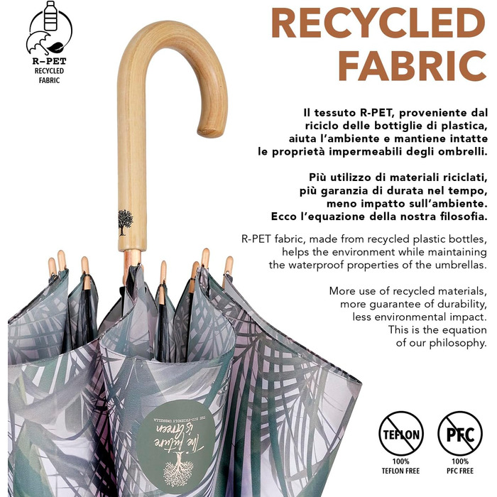 Perletti Green Eco Women's Umbrella - Recycled Material, Automatic Open/Close, 102cm Diameter, White Kentia Flower Design
