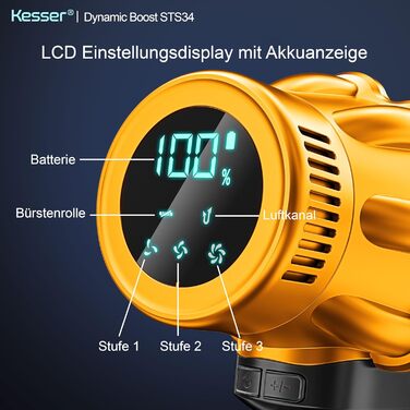 Бездротовий акумуляторний пилосос KESSER® з LED дисплеєм, до 70 хв роботи | Бездротовий пилосос без мішка з антизаплутувальною насадкою для твердих поверхонь, килимів та шерсті тварин (Помаранчевий / Жовтий)