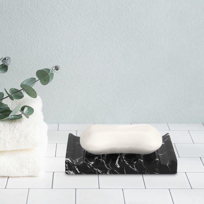 Скляна миска для мила з отвором, мармур, прямокутна, хвиляста, самостійно спорожняється, для ванної кімнати, кухні (чорний/білий)