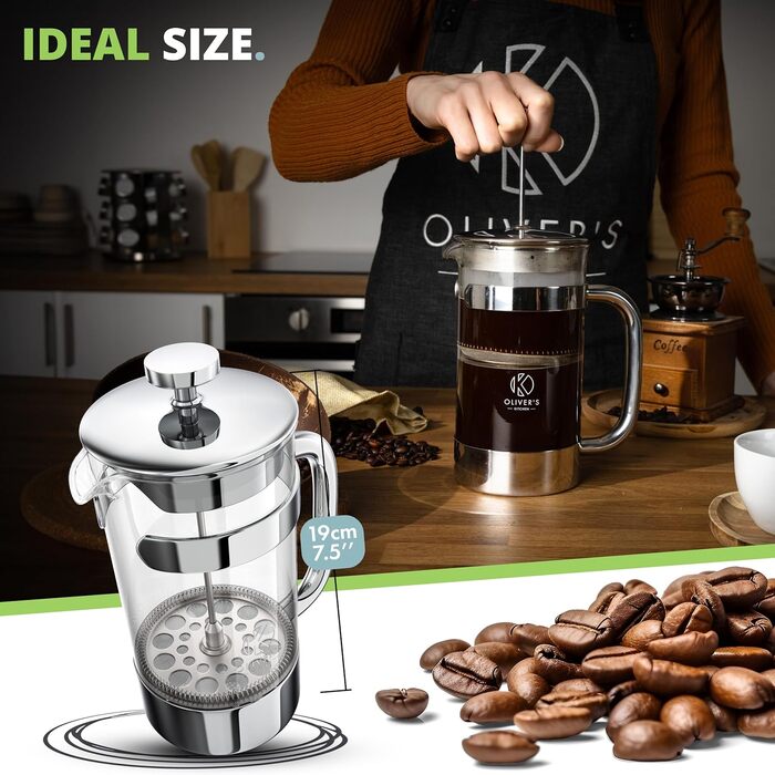Френч-прес Oliver's Kitchen® 1 літр - скляний заварник для кави, срібний | Елегантний дизайн, для автентичного смаку
