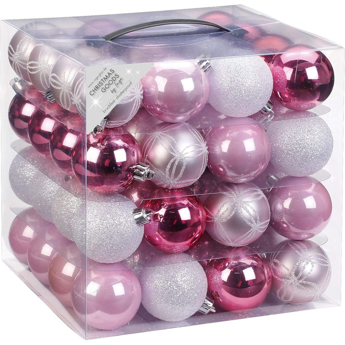 Набір прикрас на ялинку 64 шт. 6 см, пластикові, ударостійкі, рожеві (рожевий-світлорожевий)