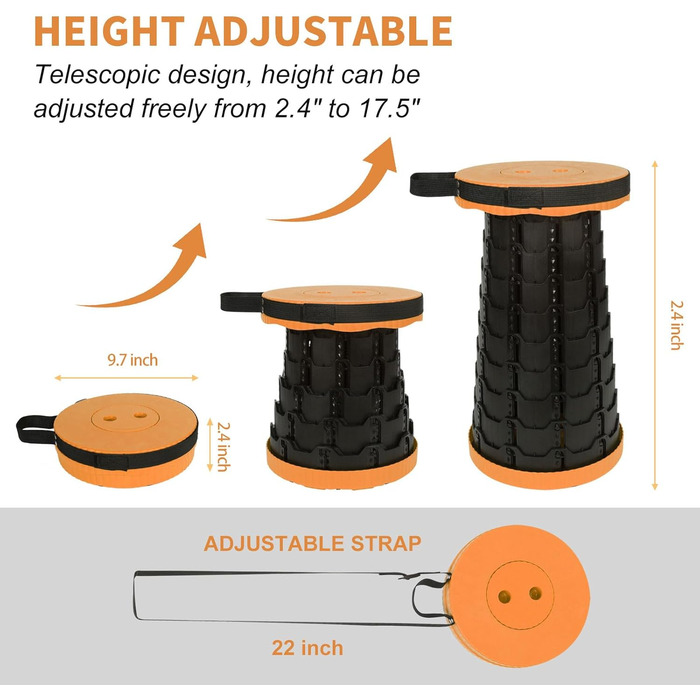 Крісло-телескоп для кемпінгу, регульована висота 6-45 см, вантажопідйомність 181 кг, портативне з ременем для перенесення (Помаранчеве - 1 шт.)