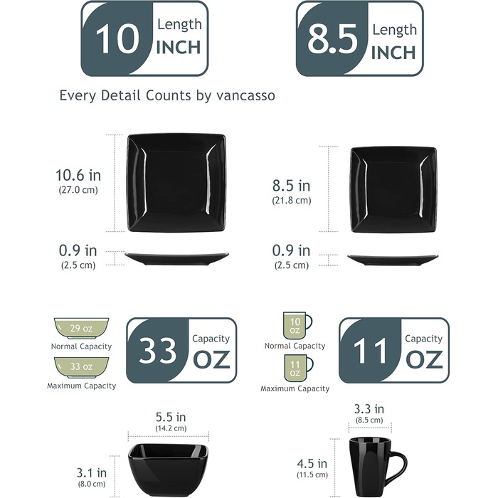 Vancasso Tableware Stoneware, 16-piece SOHO square dish set for 4 people, combination tableware set, square