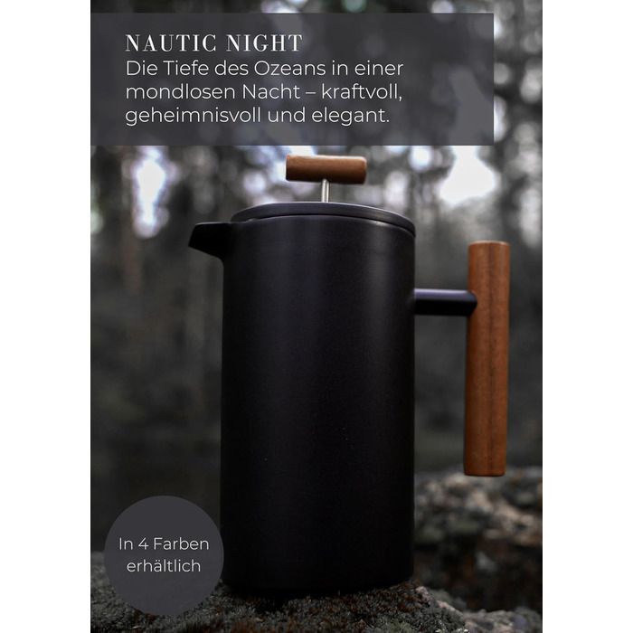 Lambda Coffee® Thermo French Press Stainless Steel I 1 Liter - 5 Cups I 3 Sizes Available I Stainless Steel Coffee Maker | Double-Walled: Keeps Warm for a Long Time I Coffee Maker | French Press 1L (5 Cups) Nautic Night