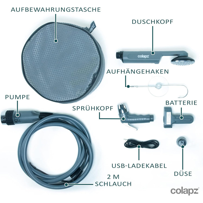 Colapz Rechargeable Camping Shower with Battery, Portable Outdoor Shower for Dogs, Car, Van & RV, including Carry Bag, Campervan Gadgets