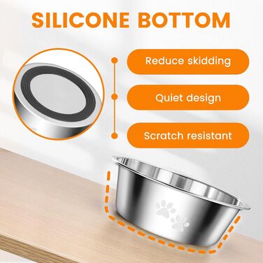 PETTOM Миски для собак з нержавіючої сталі, 2 шт. (3120 мл), миска для корму для собак великих, середніх та маленьких порід, миска для води з неслизьким силіконовим дном, розмір M - 21 см, срібний колір