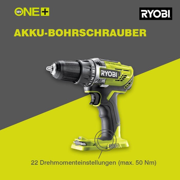 RYOBI 18V ONE+ акумуляторний дриль-шуруповерт R18DD3-0 (50Nm, 2 швидкості, патрон 13 мм, LED-підсвічування, без акумулятора та зарядного пристрою)