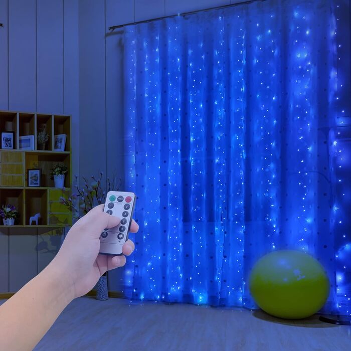 Лямпас світлодіодний Yizhet 3x3м, 300 LED, тепле біле світло, IP65, 8 режимів, для декору вечірки, свята, Нового року, тераси (блакитний)