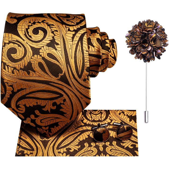 Чоловічий краватковий комплект Hi-Tie: краватка, нагрудна хустинка, затискач для краватки, запонки, шовкова тканина, чорний/золотий візерунок павліній, для вечірки, весілля