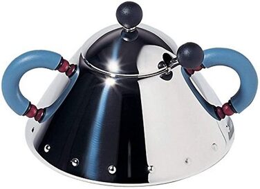 Цукорниця з ложкою Alessi з нержавіючої сталі, з блакитною ручкою і чорною кнопкою, 6.5x10.5x2 см
