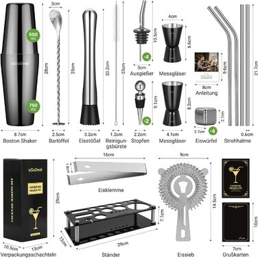 Cocktail Shaker Set, oGoDeal Boston Cocktail Shaker Black with Stand, 27pcs Bar Equipment Bartender Set Cocktail Mixer Accessories, Stainless Steel Cocktail Gift Set Mixology Bartender Kit Set 1