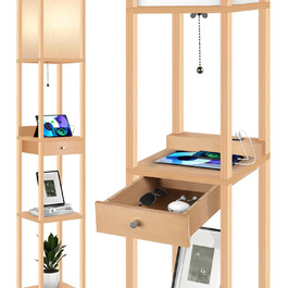 LED торшер OUTON з полицею та шухлядою, 3 режими кольору, таймер 1год, 2 USB-порти, для вітальні, спальні, офісу (дерево)