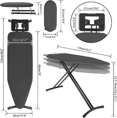 Відкидна прасувальна дошка з підставкою для праски, регульована по висоті, з антиковзними ніжками, компактна (чорна, 110 x 30 см)