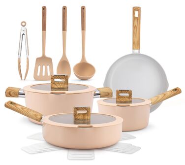 Набір посуду NutriChef Topfset 14 предметів для індукції, рожевий – керамічне антипригарне покриття, знімні ручки, скляні кришки