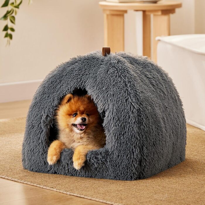 Ліжко для котів BEDSURE велике, 44x44x44 см, сіре. З м'якою подушкою та іграшкою. Легко миється. Внутрішній будиночок для кота.