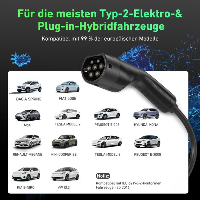 Кабель зарядки Type 2 (Mennekes) 11кВт, 5м, 16A, 3-фазний, IP67: для електромобілів, з сумкою. Підходить для Tesla Model S/3/X/Y, Volkswagen ID.3, ID.4